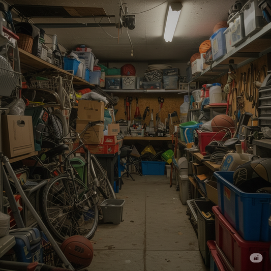 create an image about garage extremely full of junk